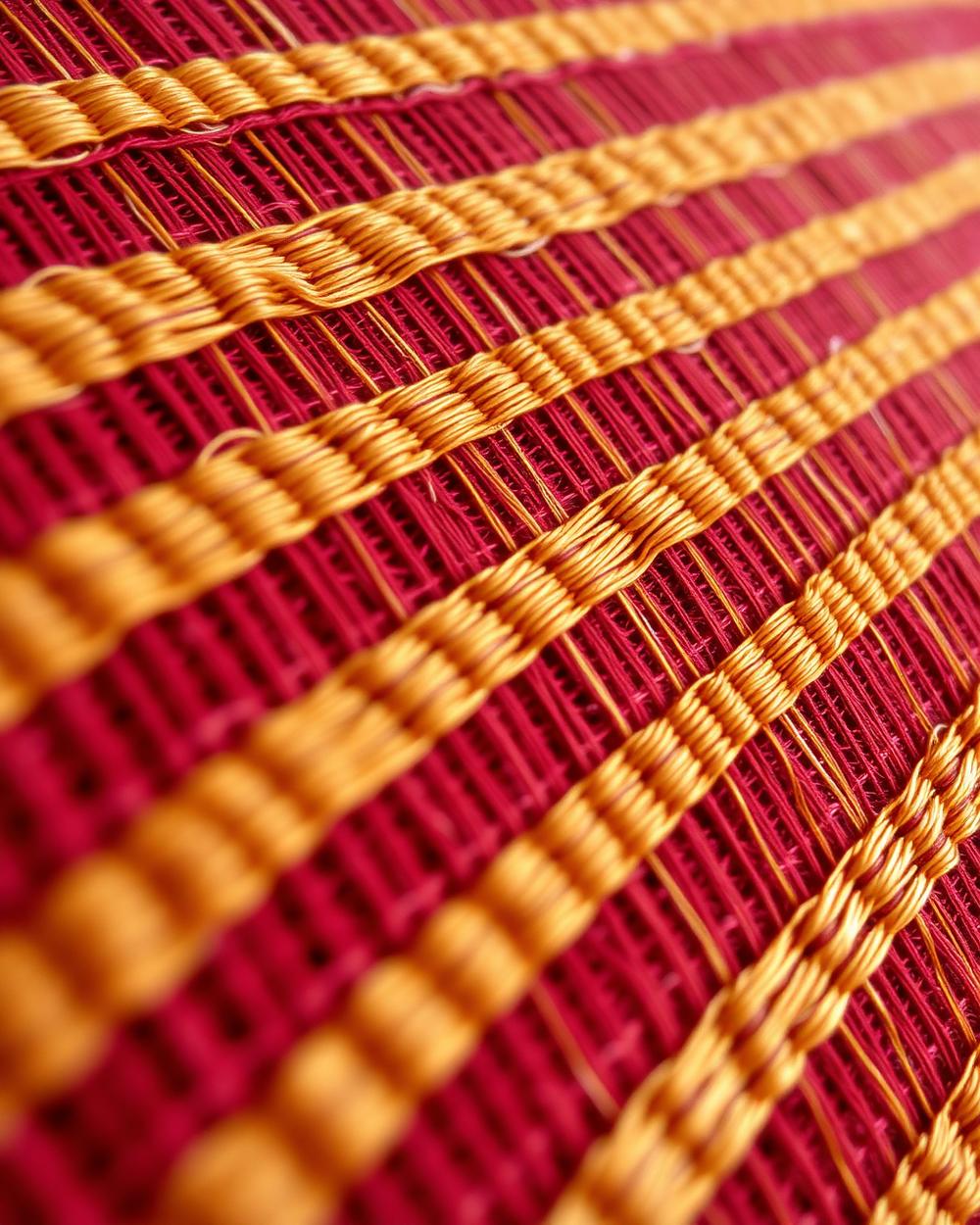 Detail of gold zari weaving on maroon textile