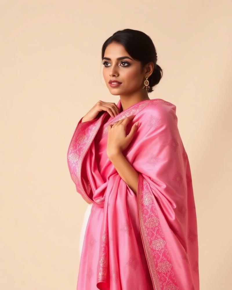 Model in pink embroidered shawl